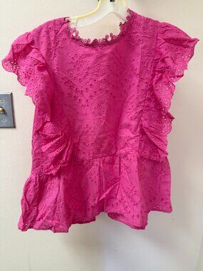 La Diosa Women's Fuchsia Eyelet Ruffle Peplum Blouse | Size M